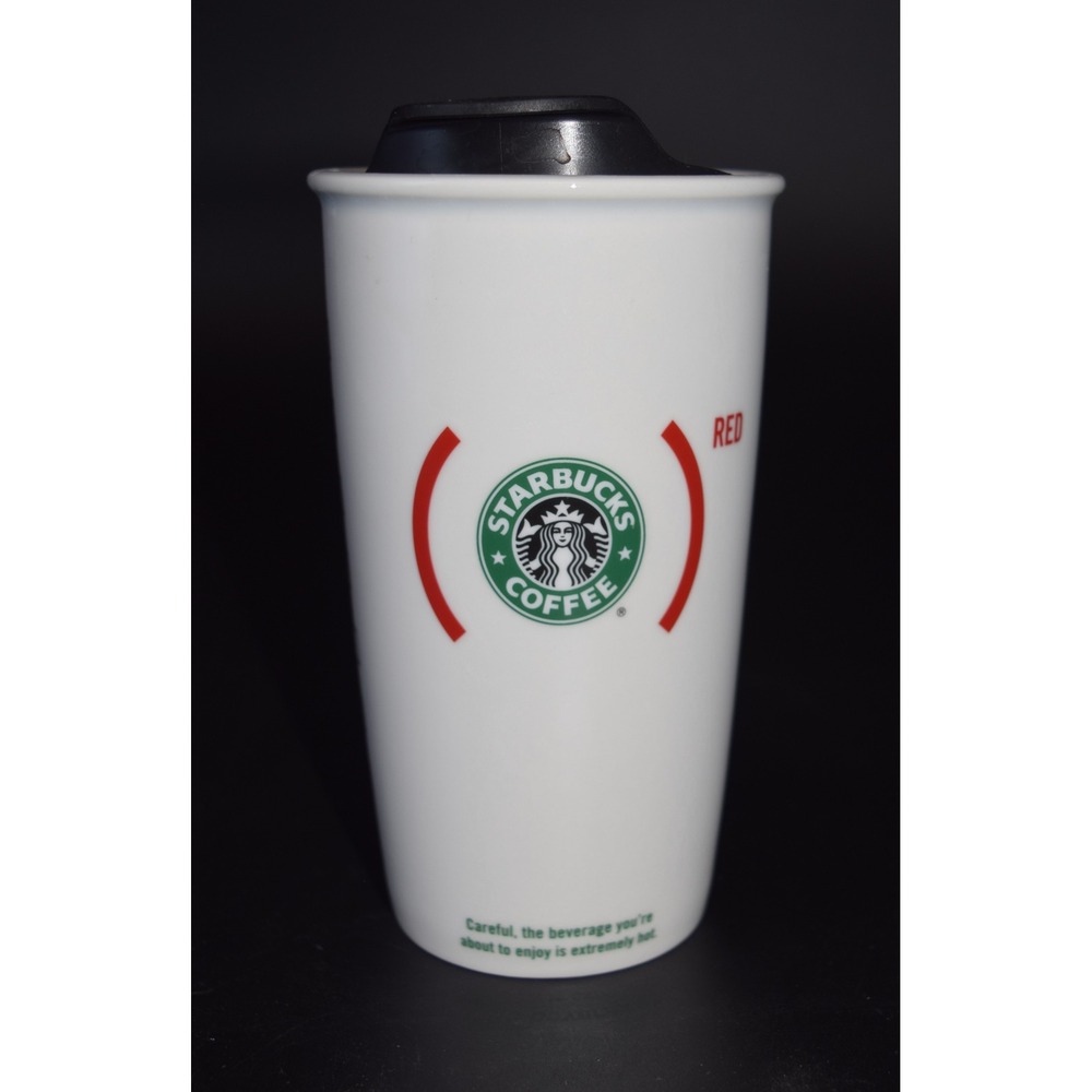 Starbucks Travel Tumbler RED 12oz White Ceramic Excellent 2010 Edition